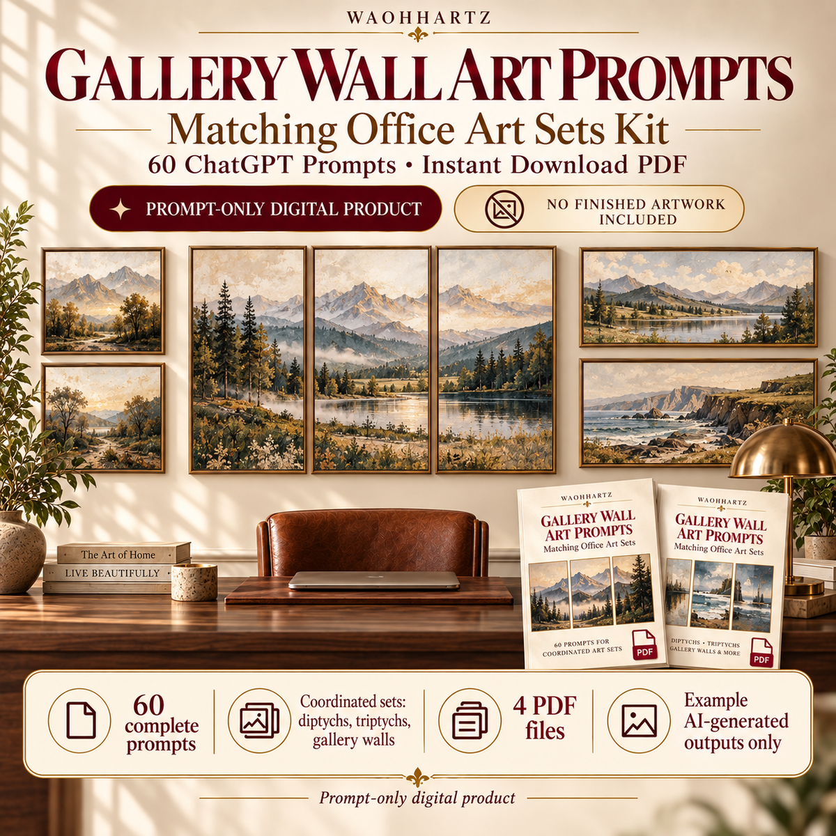 Coordinated Gallery Wall Studio AI art prompt kit overview with labelled example artwork; no finished art included.