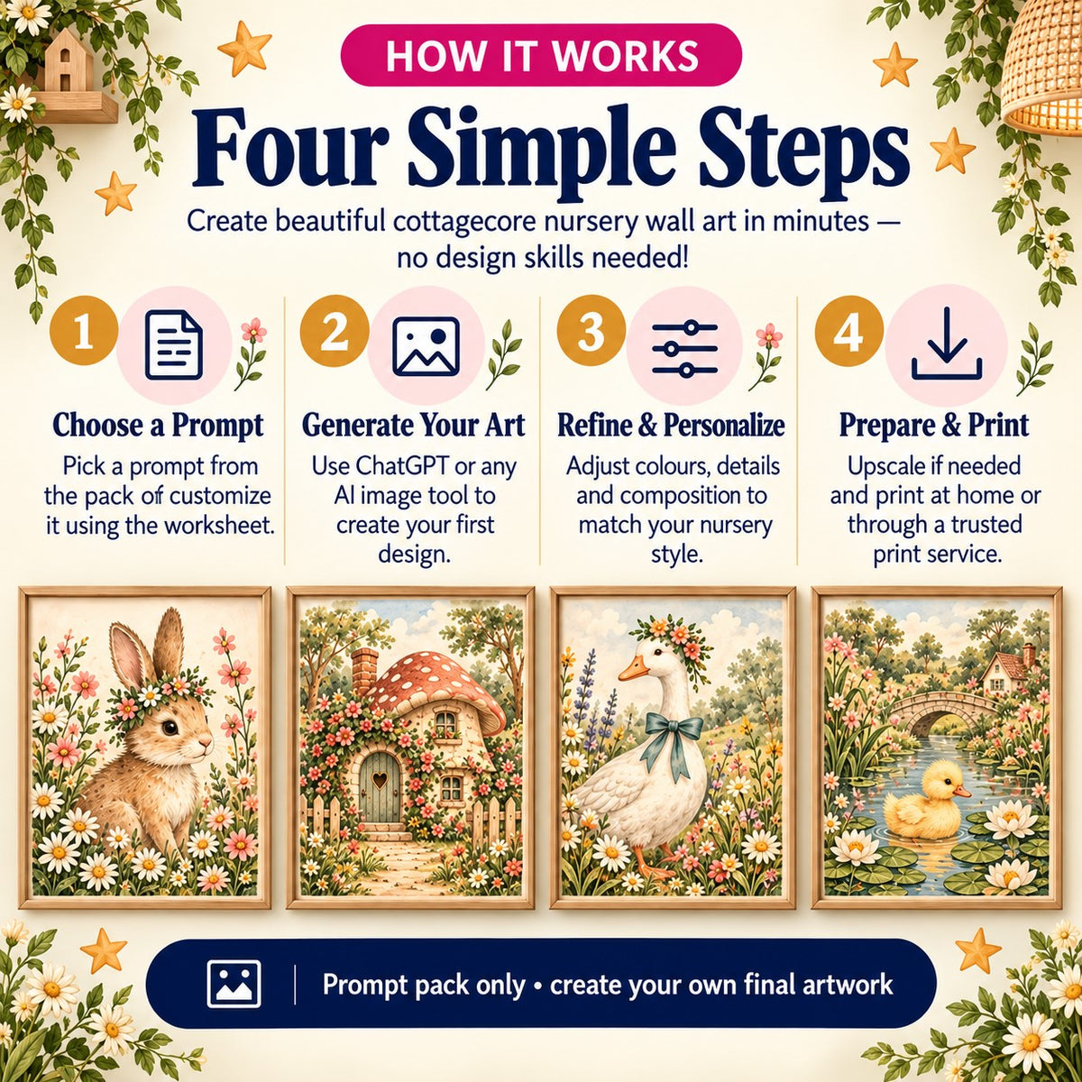 How the Cottagecore Nursery Wall Art AI Prompt Pack works in four steps from choosing a prompt to generating, customizing and printing nursery wall art