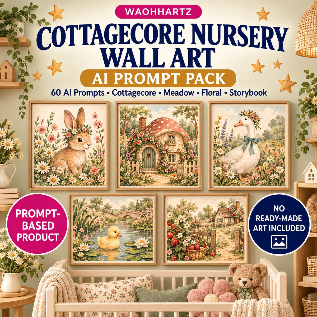 Cottagecore Nursery Wall Art AI Prompt Pack with storybook cottagecore nursery art examples including bunny, mushroom cottage, goose, duck pond and floral countryside scenes