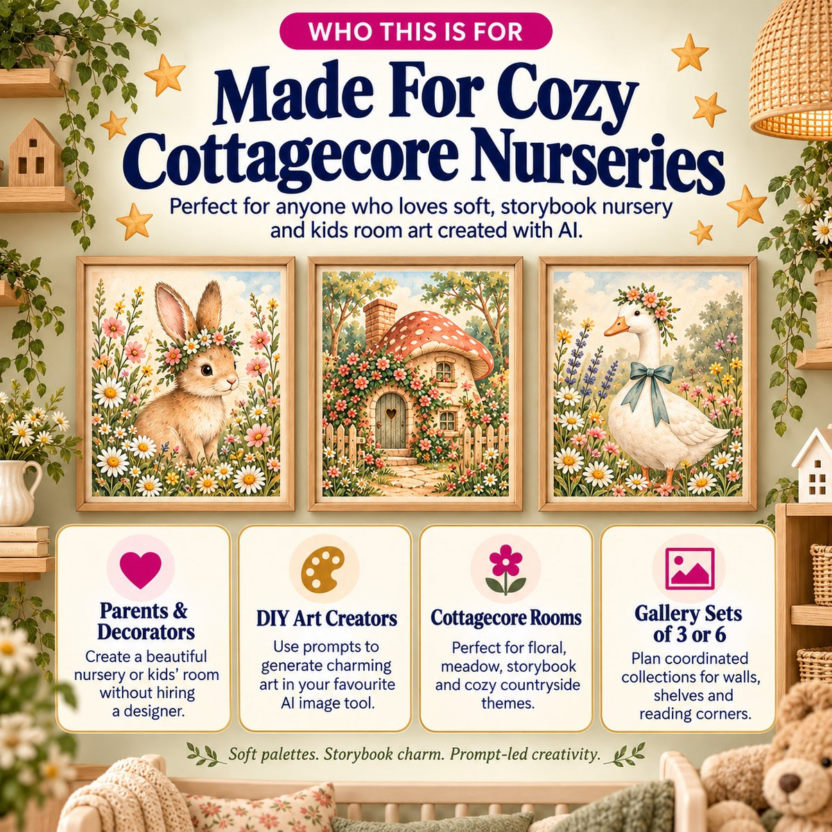 Cottagecore nursery wall art prompt pack for parents, decorators, DIY art creators and cottagecore-themed kids room styling