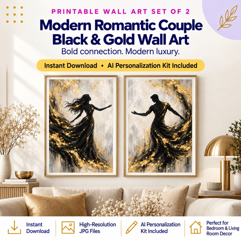 Modern Romantic Couple Black & Gold Wall Art Set of 2 + AI Personalization Kit | Instant Download