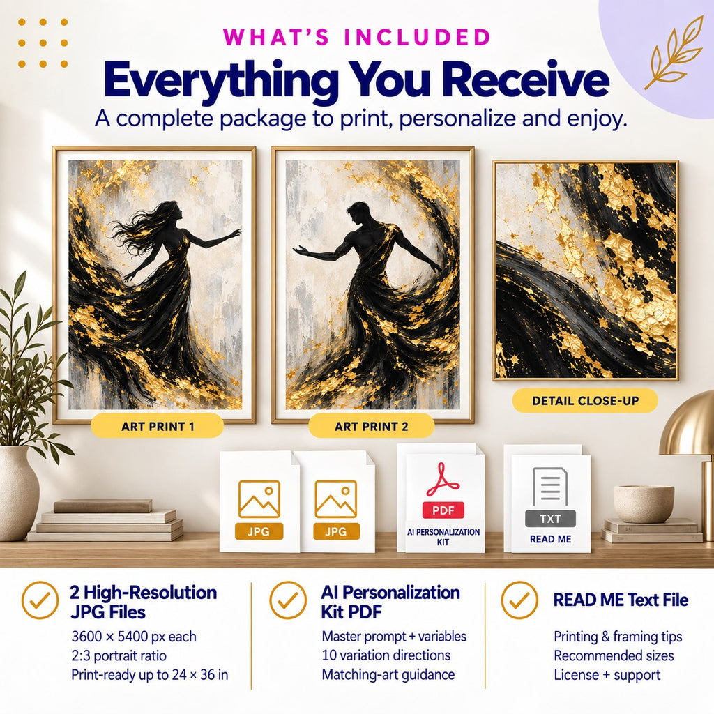 Modern Romantic Couple Black & Gold Wall Art Set of 2 + AI Personalization Kit | Instant Download