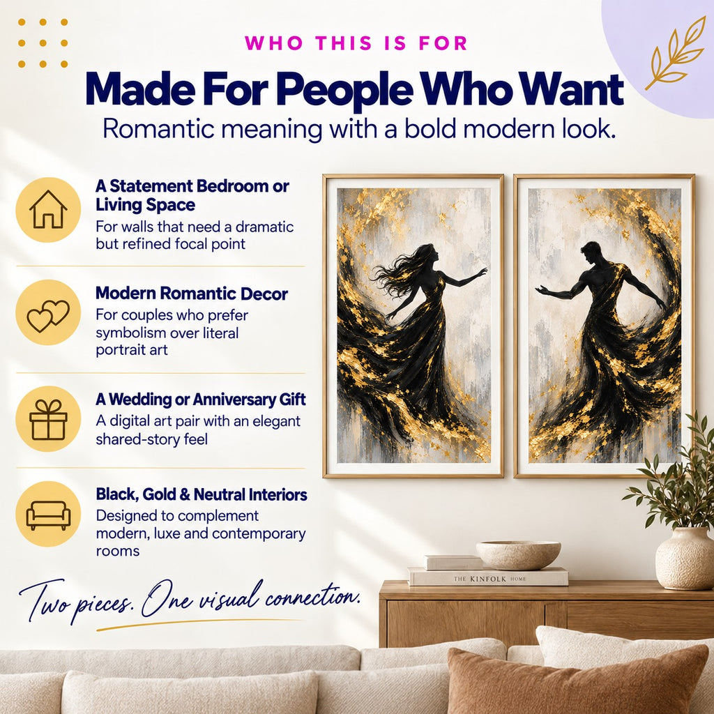 Modern Romantic Couple Black & Gold Wall Art Set of 2 + AI Personalization Kit | Instant Download