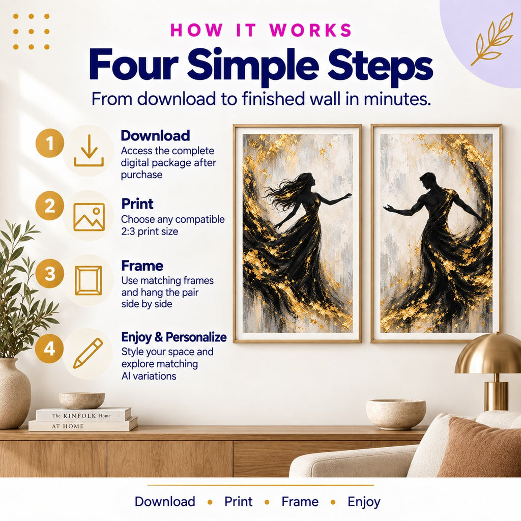 Modern Romantic Couple Black & Gold Wall Art Set of 2 + AI Personalization Kit | Instant Download