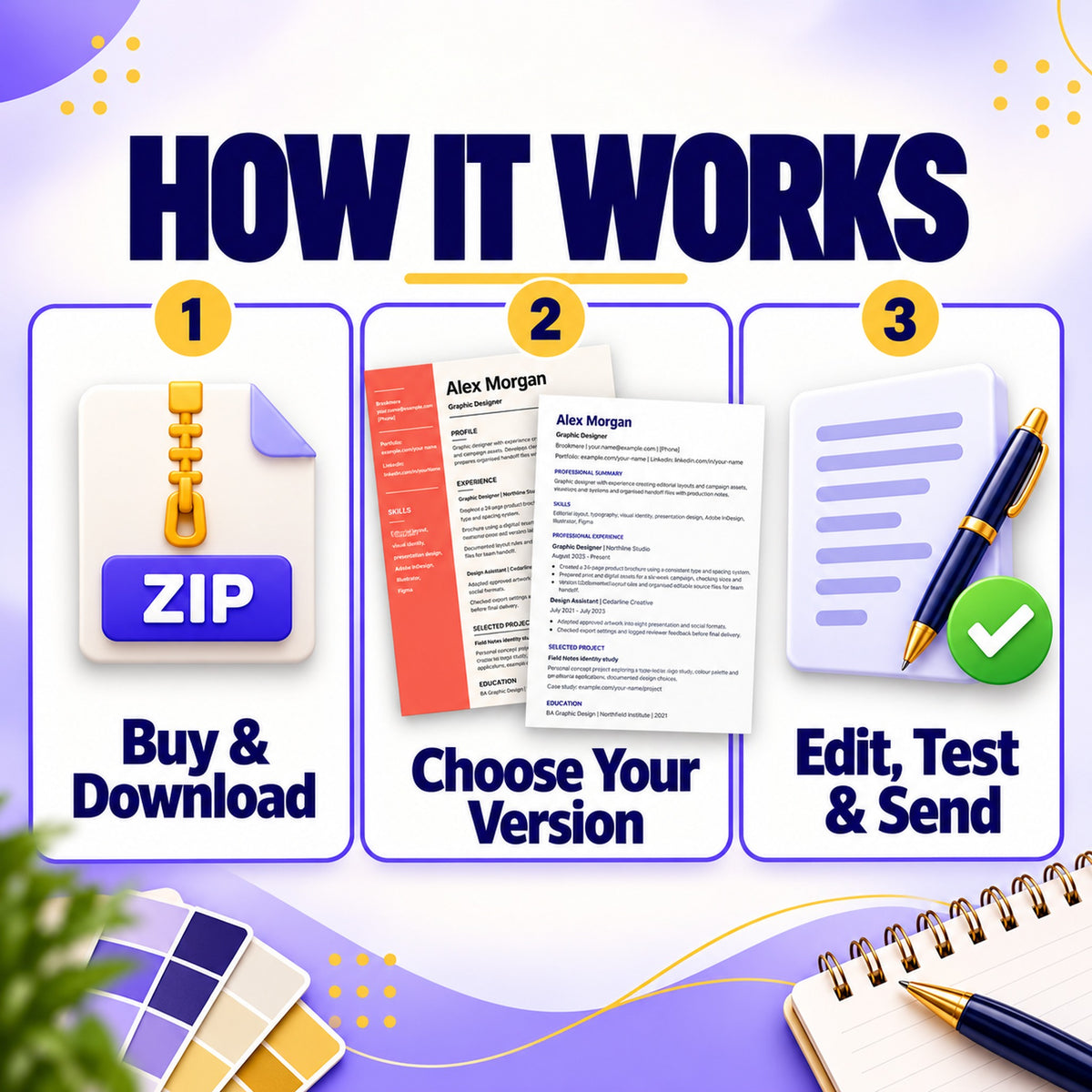 How to use the creative resume pack: download, choose a version, edit, test and send