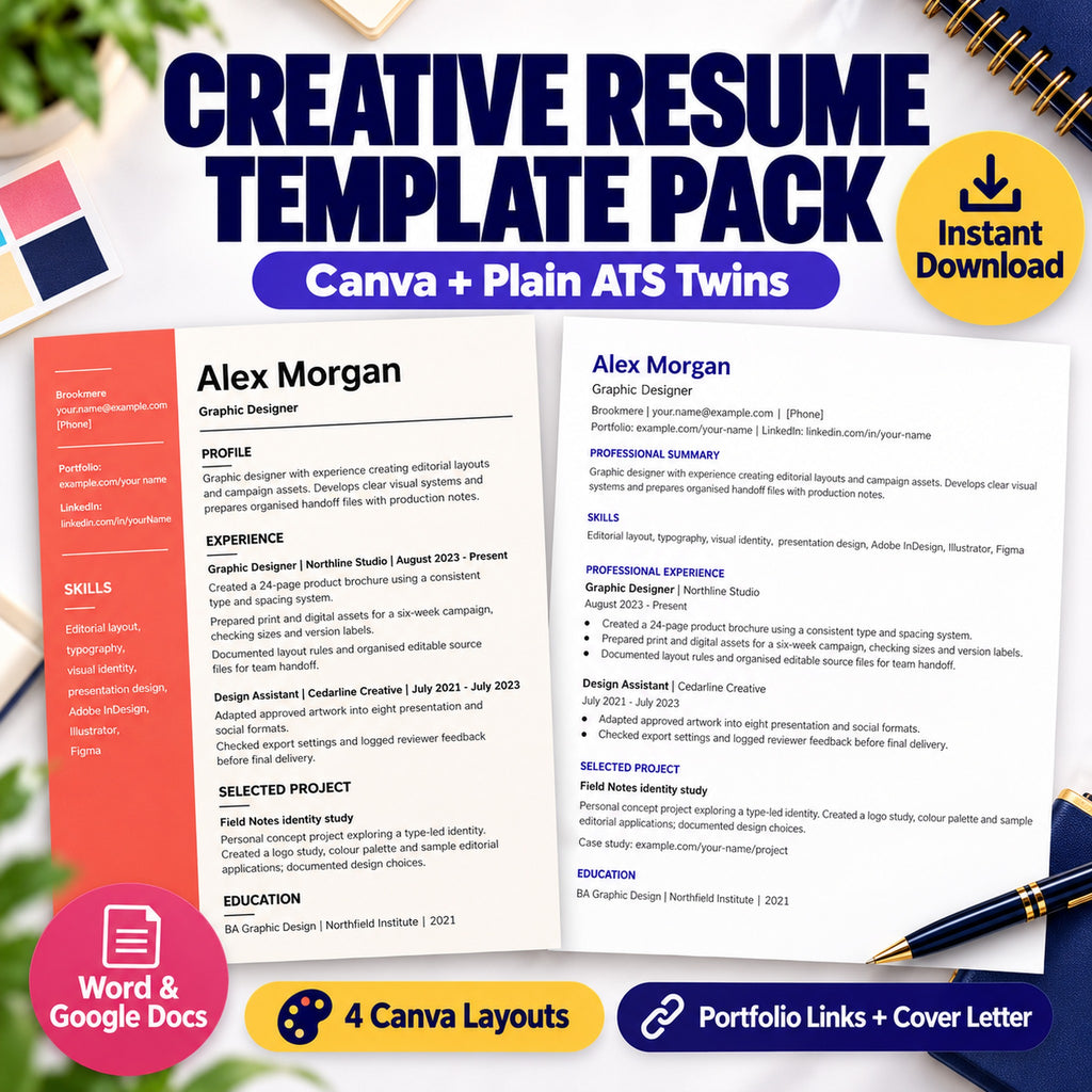 Creative resume template Canva design beside its plain ATS twin, with portfolio links and cover letter