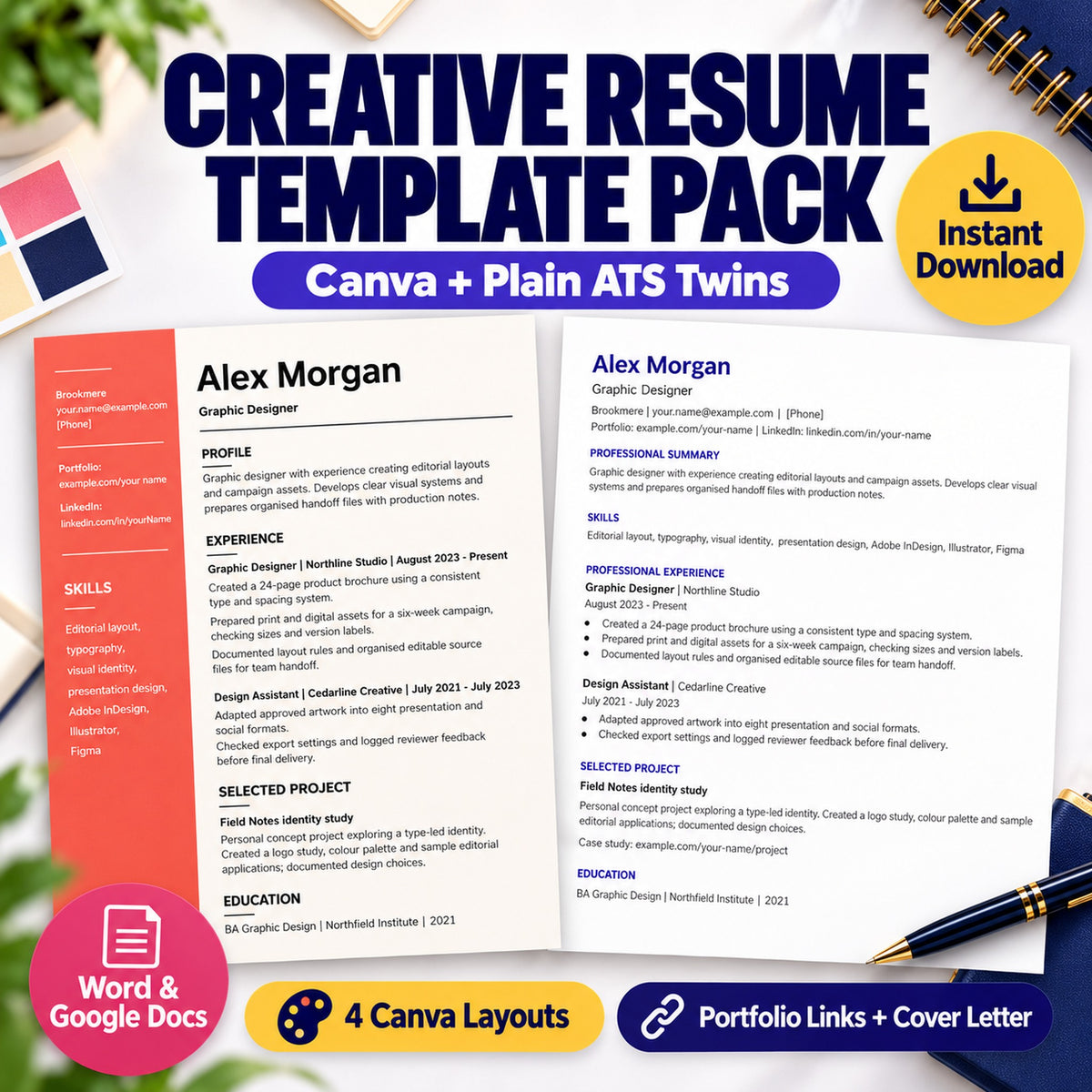 Creative resume template Canva design beside its plain ATS twin, with portfolio links and cover letter