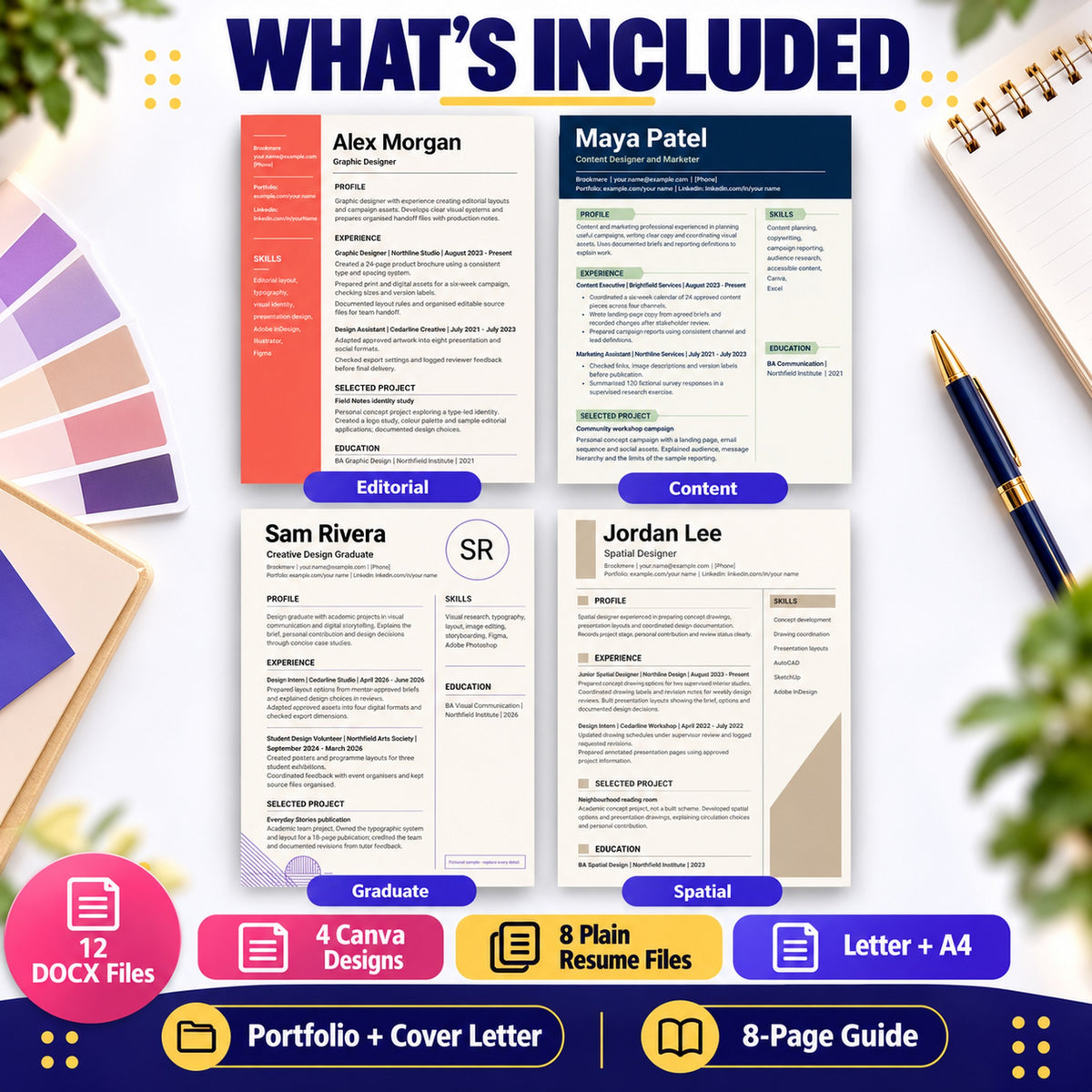Four creative Canva resume designs, eight plain resume files, portfolio-links page, cover letter and eight-page guide