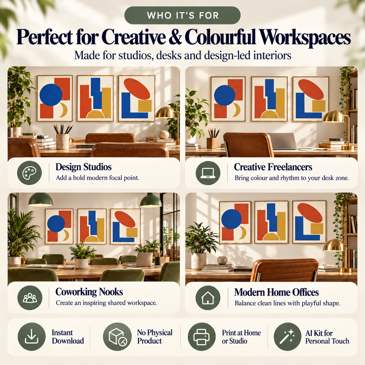 Creative Studio Geometry printable wall art in a workspace setting, 3 4:5 artworks.