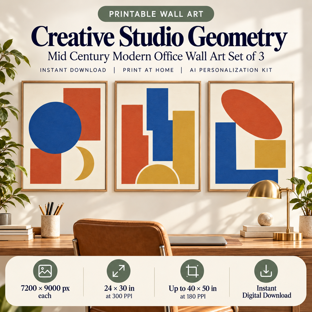 Creative Studio Geometry printable wall art displayed in an office, 3 4:5 artworks.