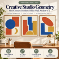 Creative Studio Geometry printable wall art displayed in an office, 3 4:5 artworks.