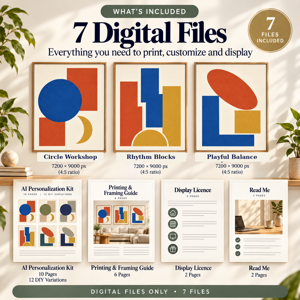 Creative Studio Geometry printable wall art artworks and supporting PDF guides, 3 4:5 artworks.