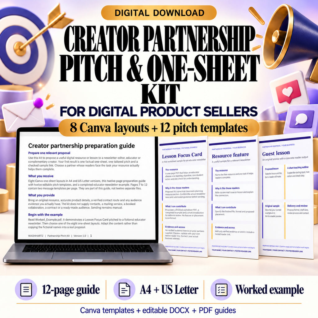 Creator partnership pitch and one-sheet kit with eight Canva layouts, twelve pitch templates and a twelve-page preparation guide.