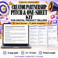 Creator partnership pitch and one-sheet kit with eight Canva layouts, twelve pitch templates and a twelve-page preparation guide.