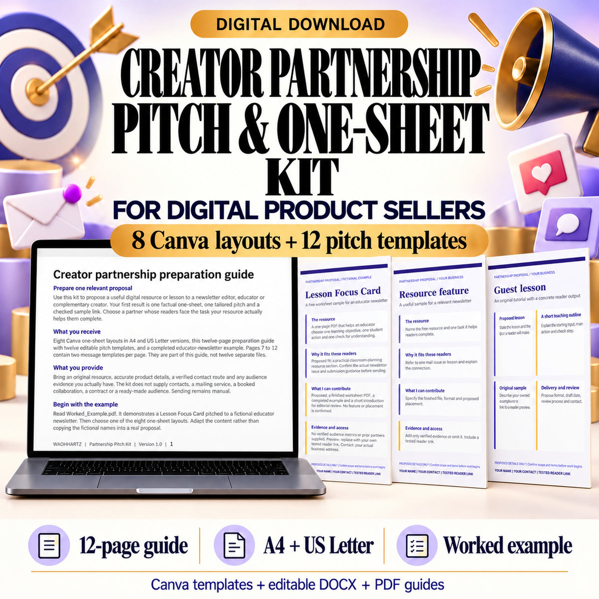 Creator partnership pitch and one-sheet kit with eight Canva layouts, twelve pitch templates and a twelve-page preparation guide.