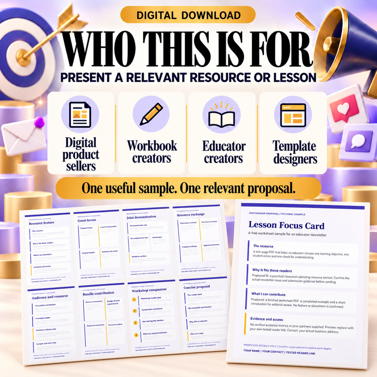 Partnership proposal templates for digital product sellers, workbook creators, educator creators and template designers.