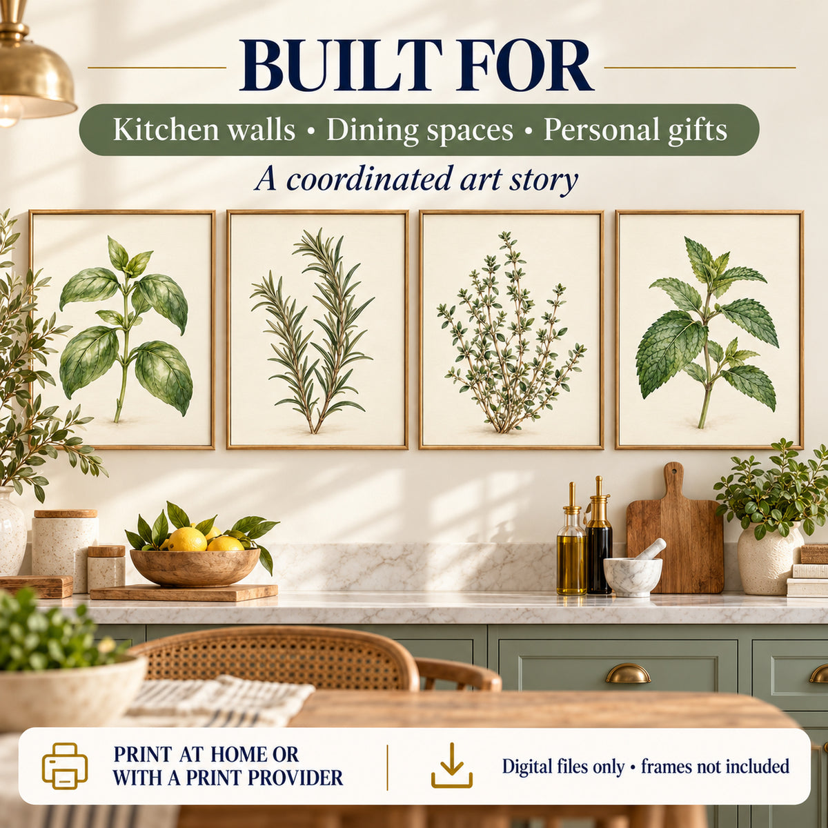 Culinary Herb Garden styling ideas for a sage kitchen, pantry wall or breakfast area, with coordinated printable artwork and digital-only purchase details.