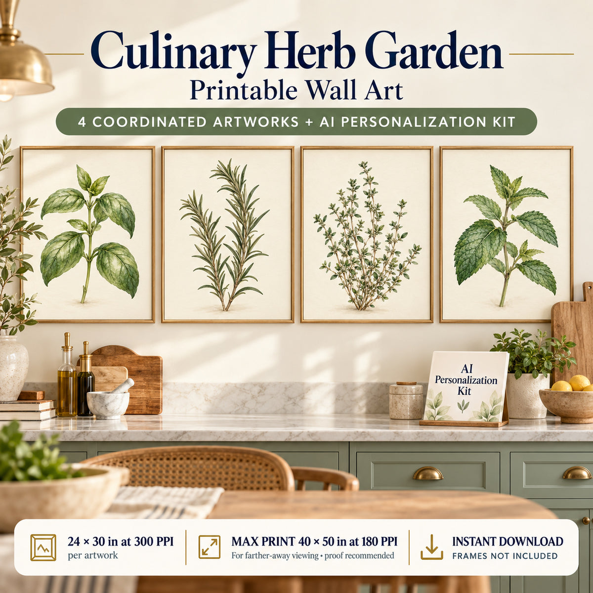 Culinary Herb Garden set of 4 printable artworks displayed in a sage kitchen, pantry wall or breakfast area; 24 by 30 inches at 300 PPI, up to 40 by 50 inches at 180 PPI for farther viewing.