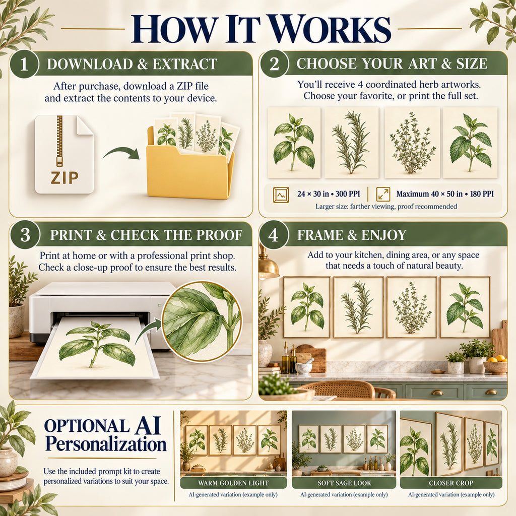 Culinary Herb Garden workflow from ZIP download to size selection, print proof and framing, including the 300 and 180 PPI size options.