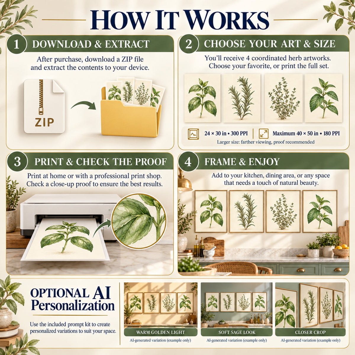 Culinary Herb Garden workflow from ZIP download to size selection, print proof and framing, including the 300 and 180 PPI size options.