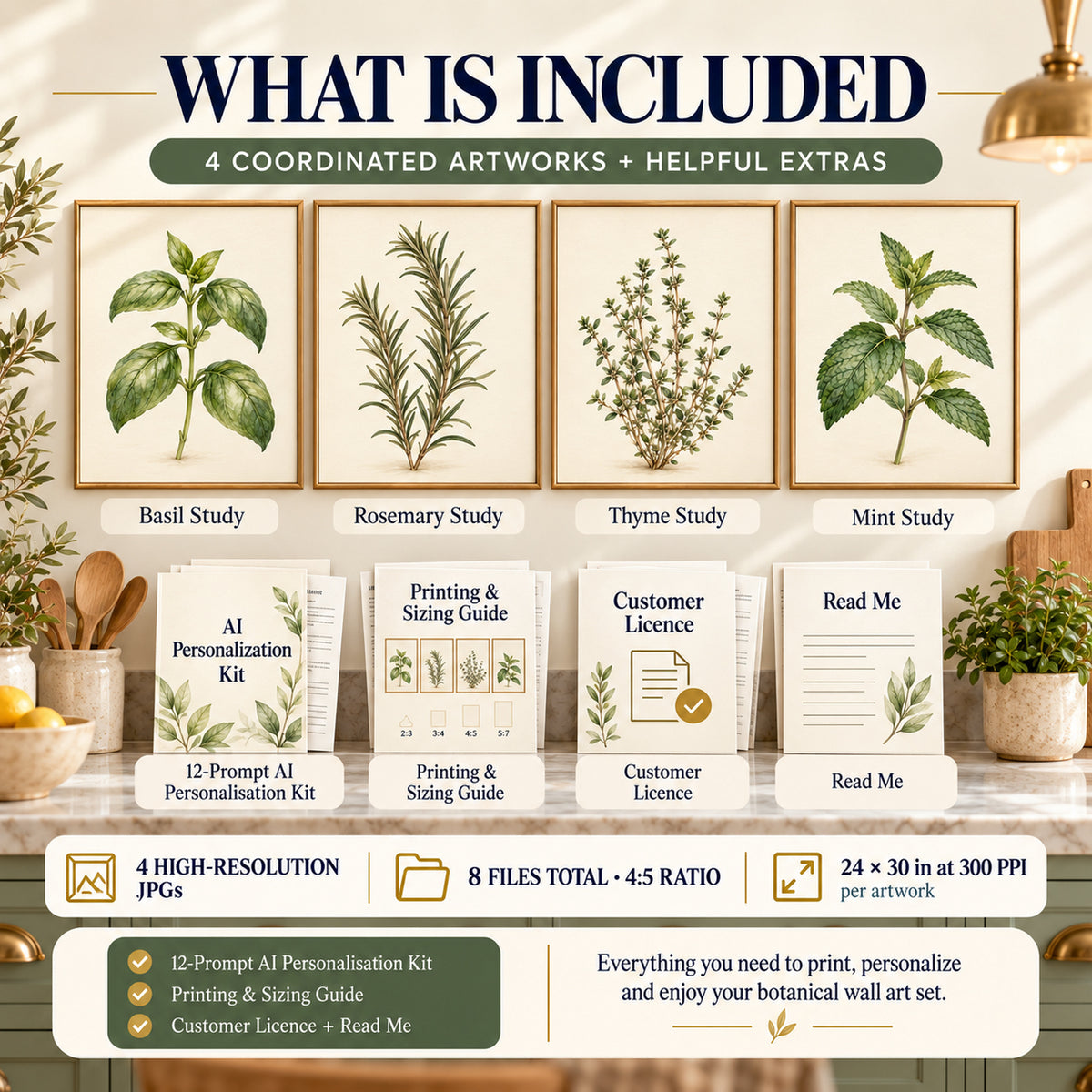 Culinary Herb Garden download contents showing 4 JPG artworks, a 12-prompt AI kit, printing guide, licence and readme.