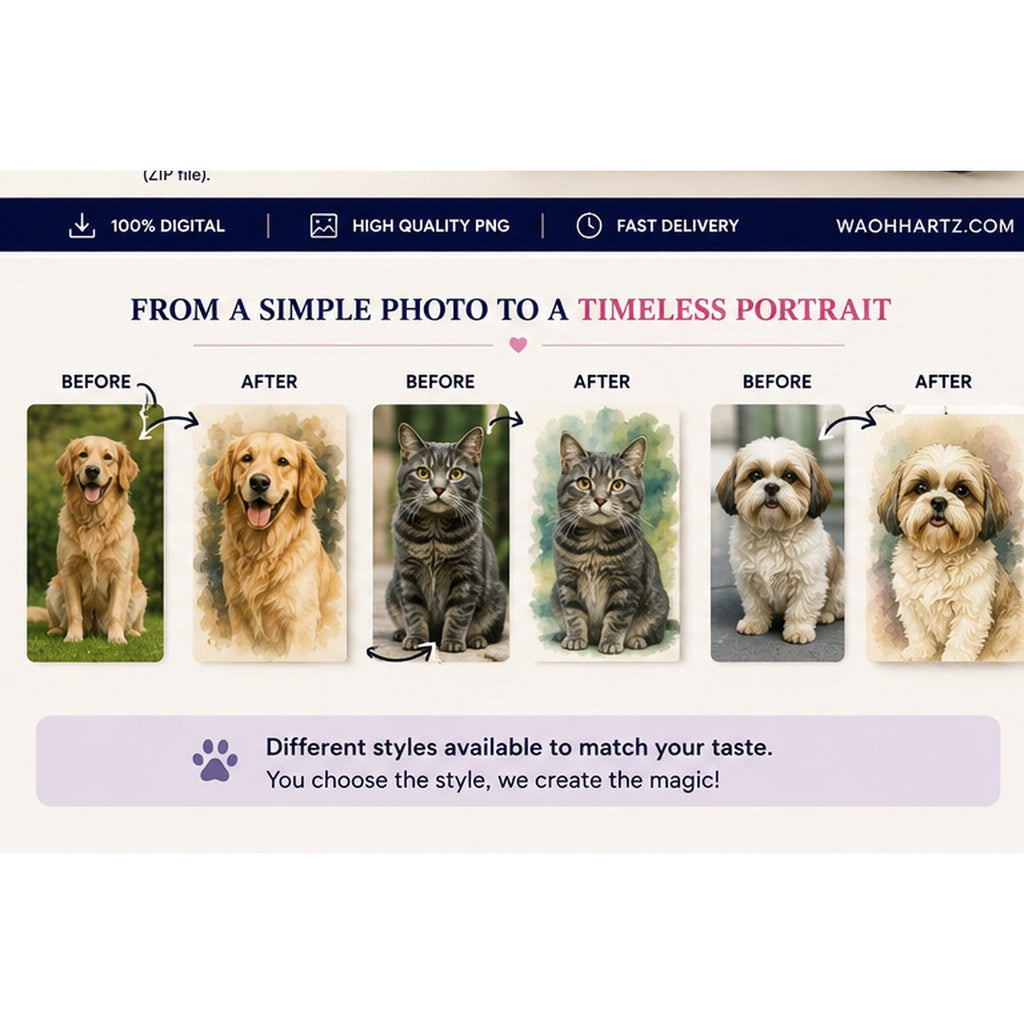 Custom Pet Portraits — square before and after examples of pet photos transformed into portrait artwork