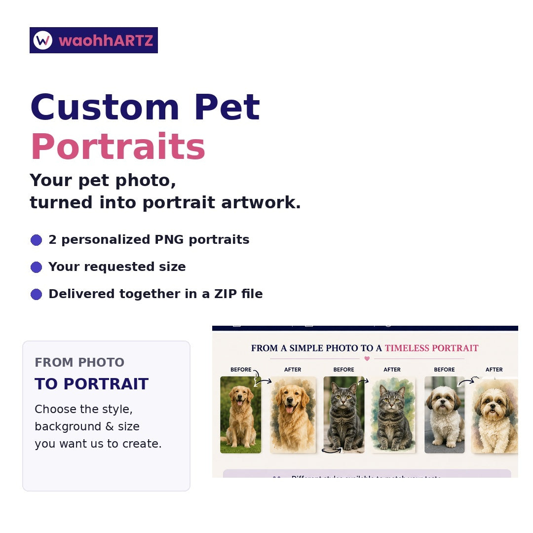 Custom Pet Portraits — square product image showing a simple pet photo transformed into personalized portrait artwork
