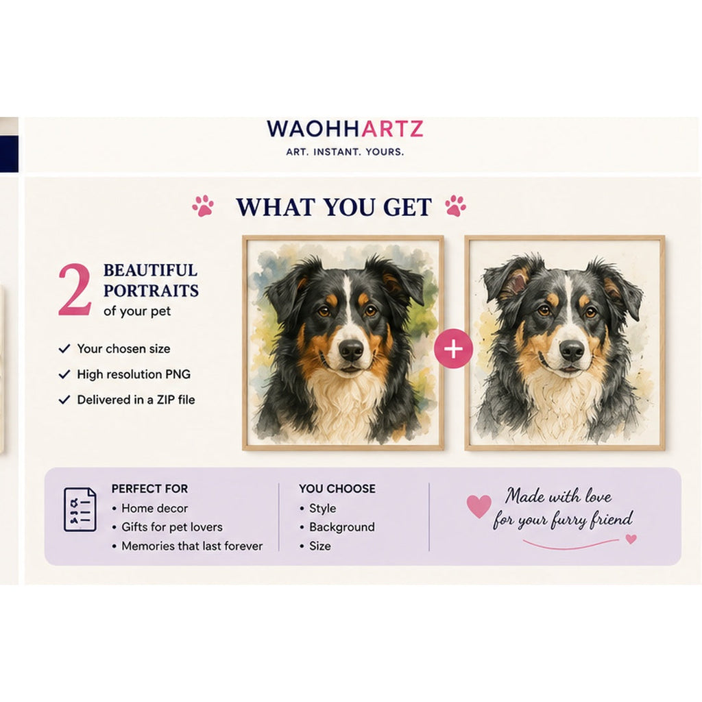 Custom Pet Portraits — square product graphic showing two personalized PNG portraits delivered in a ZIP file