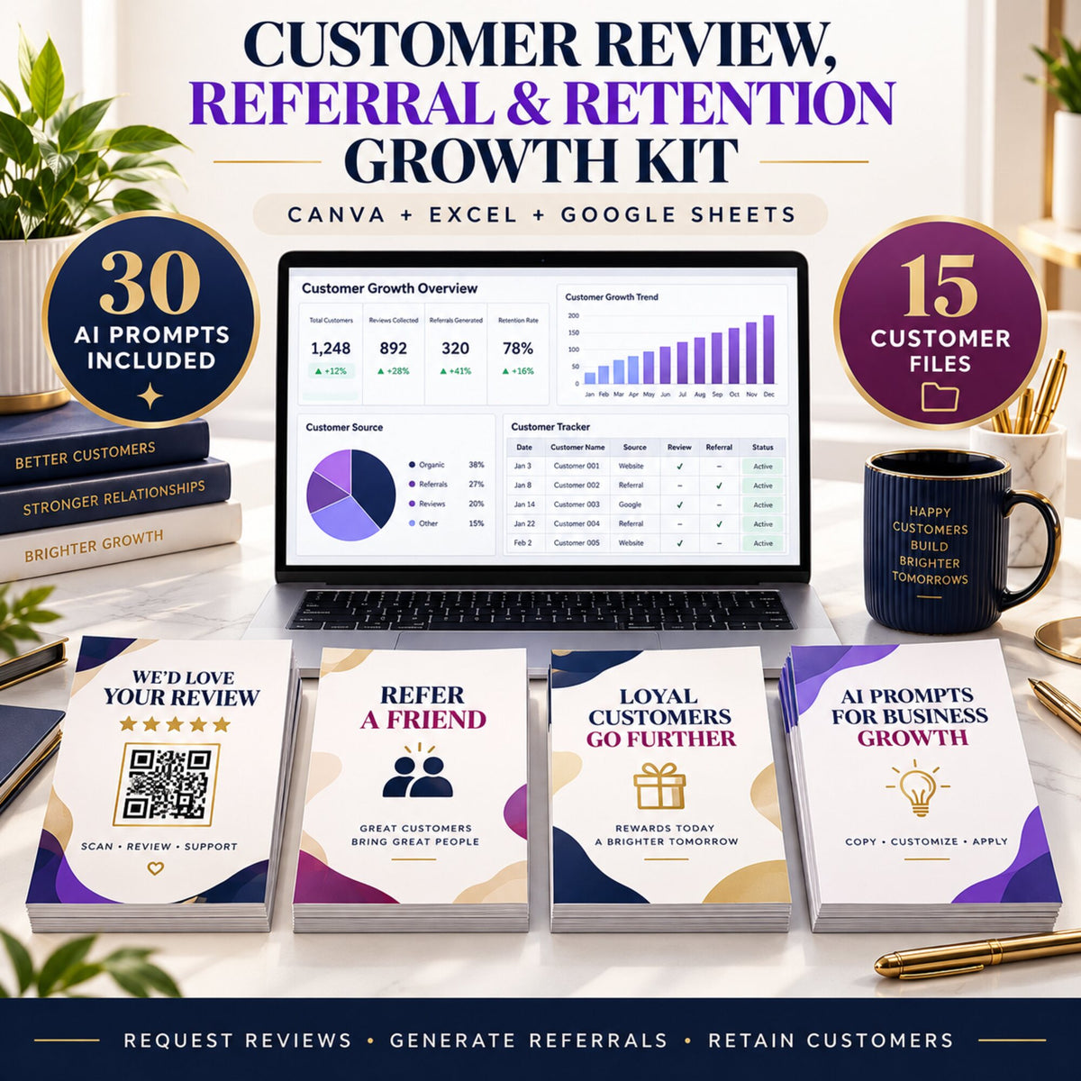 Customer Review, Referral and Retention Growth Kit with Canva, spreadsheet dashboard and AI prompts