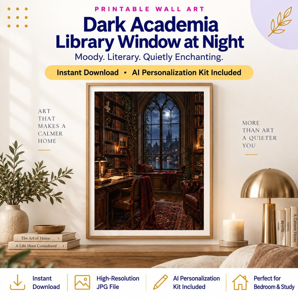 Dark academia library window at night printable wall art with AI Personalization Kit
