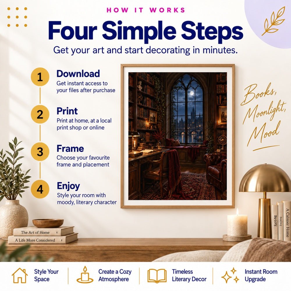 How to download print frame and enjoy dark academia library window printable wall art