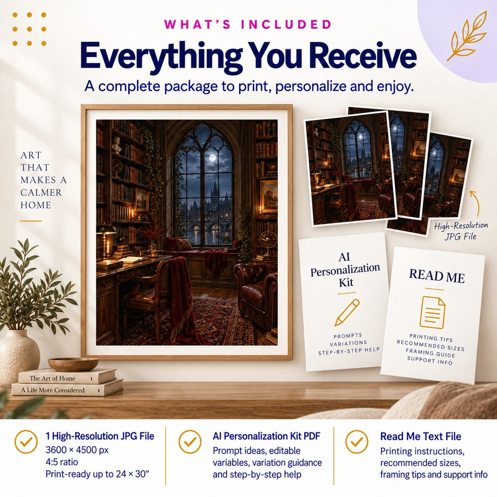 Dark academia library wall art includes one 3600x4500 JPG AI Personalization Kit PDF and printing guide