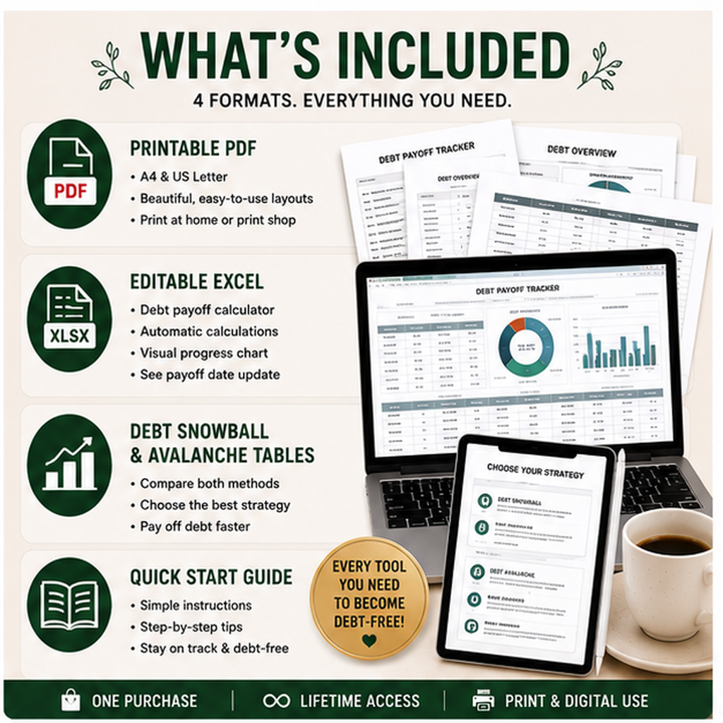 Debt Payoff Tracker formats including printable PDF, editable Excel and debt payoff strategy tables