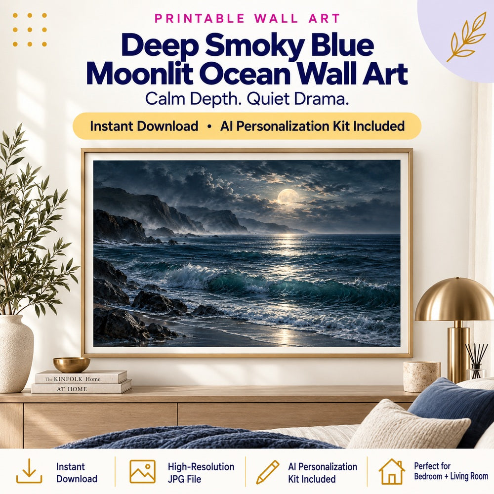 Deep smoky blue moonlit ocean wall art printable for bedroom and living room with AI Personalization Kit