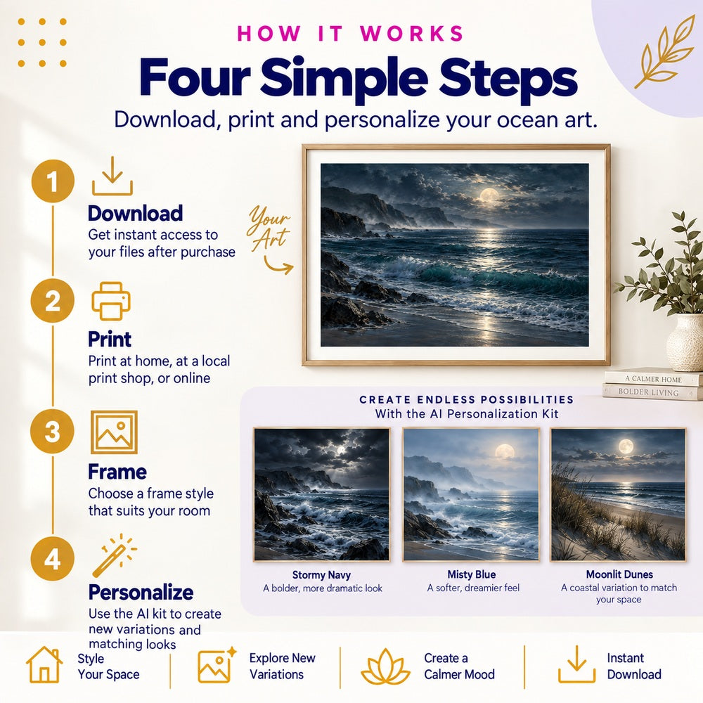 How to download print frame and personalize moonlit ocean wall art with AI variation examples