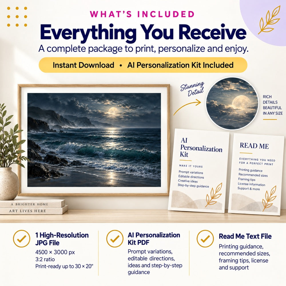 Deep smoky blue moonlit ocean wall art includes one 4500x3000 JPG AI Personalization Kit PDF and printing guide