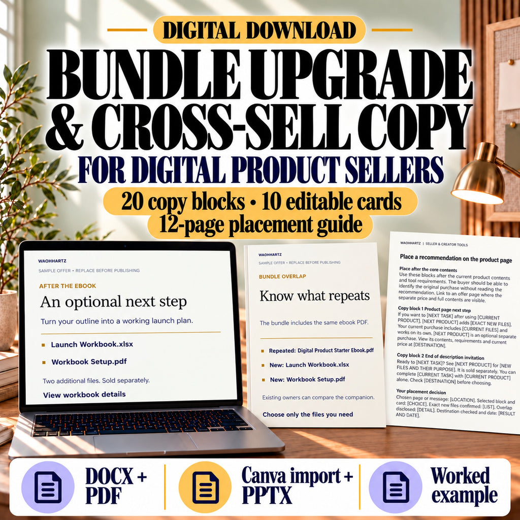 Digital bundle upgrade and cross-sell copy kit with editable cards and placement guide in a sage workspace
