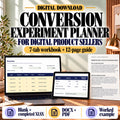 Digital product conversion experiment planner with a seven-tab workbook and guide in a sage workspace