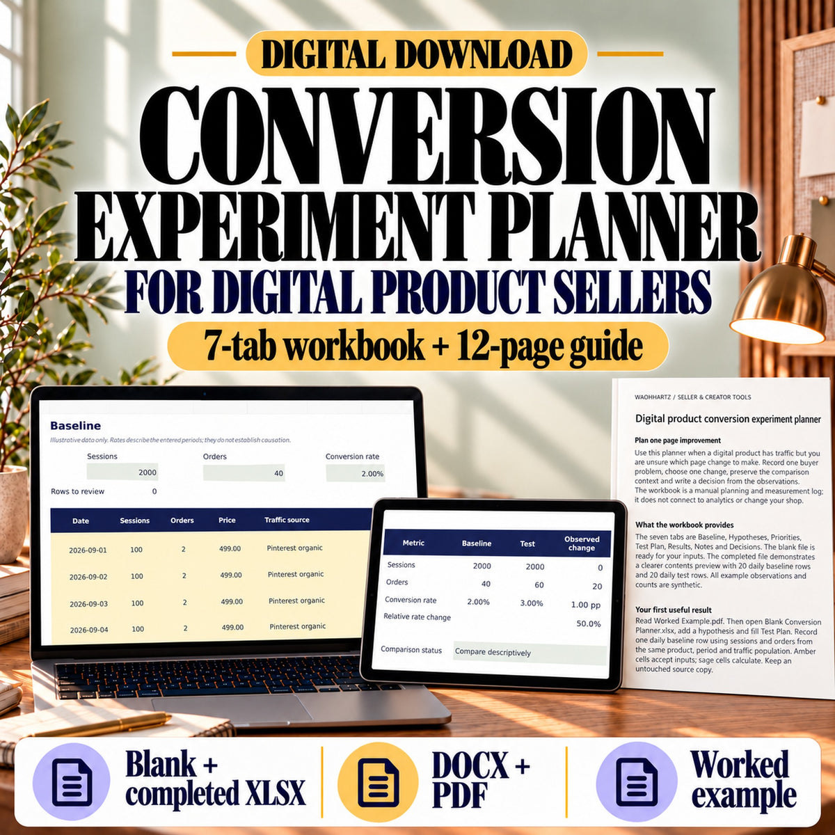 Digital product conversion experiment planner with a seven-tab workbook and guide in a sage workspace