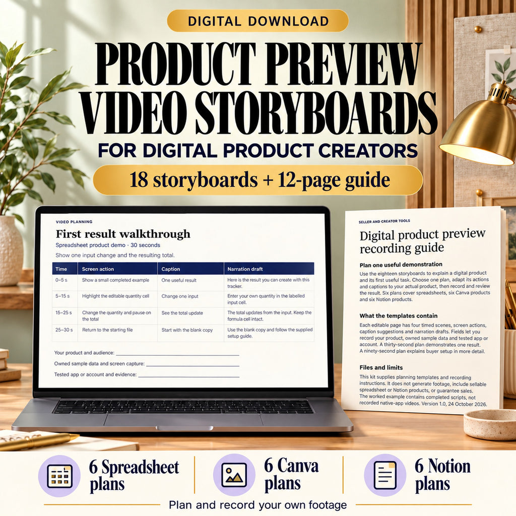 Digital product demo video storyboard kit with eighteen editable planning pages and a twelve-page recording guide in a sage workspace.