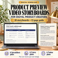 Digital product demo video storyboard kit with eighteen editable planning pages and a twelve-page recording guide in a sage workspace.