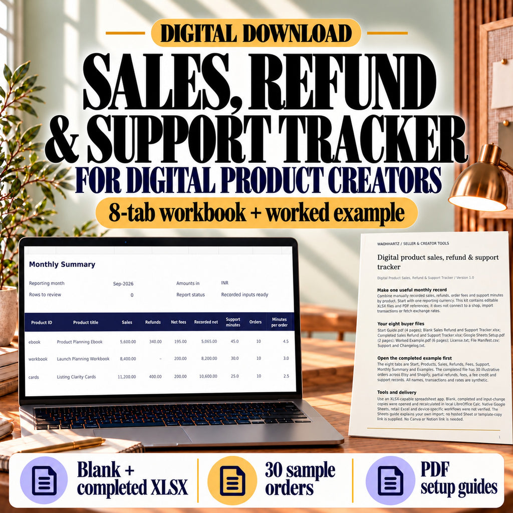 Digital product sales, refund and support tracker with an eight-tab workbook and buyer guide in a sage workspace.