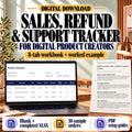 Digital product sales, refund and support tracker with an eight-tab workbook and buyer guide in a sage workspace.