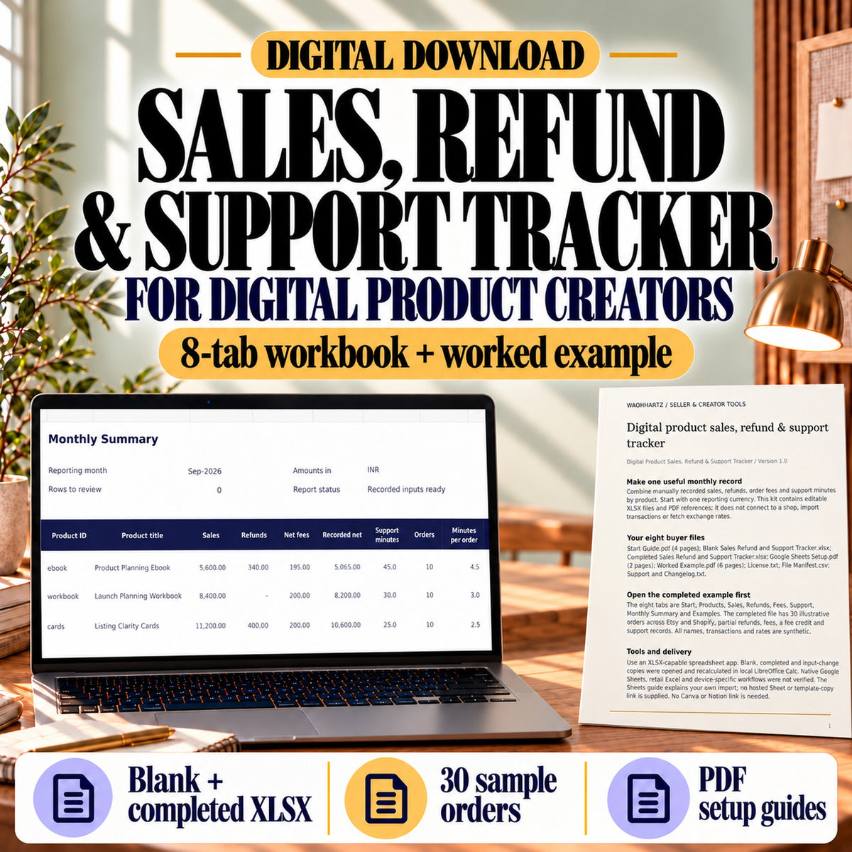 Digital product sales, refund and support tracker with an eight-tab workbook and buyer guide in a sage workspace.