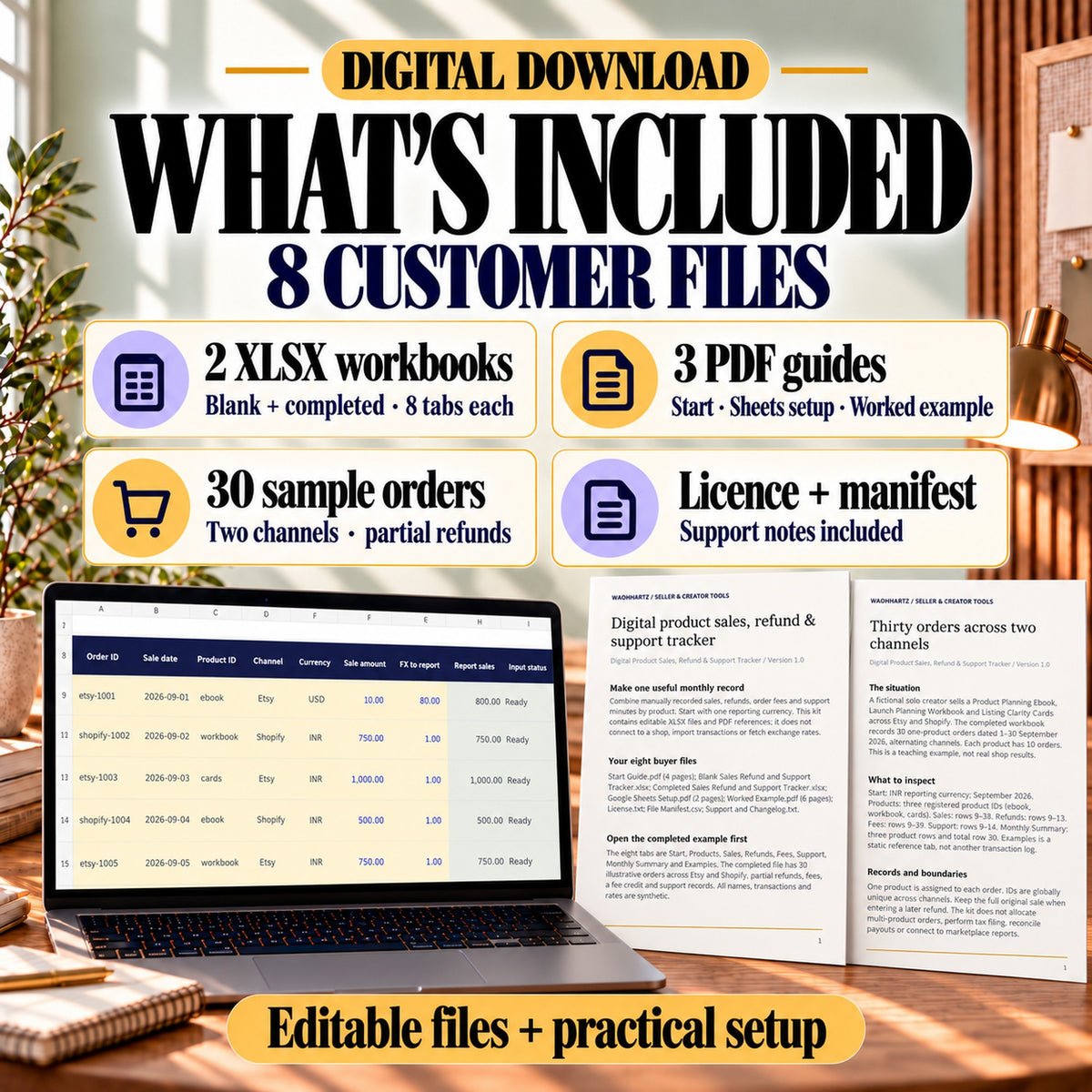 Contents of the sales tracker kit: blank and completed XLSX workbooks, three PDF guides, licence, manifest and support notes.