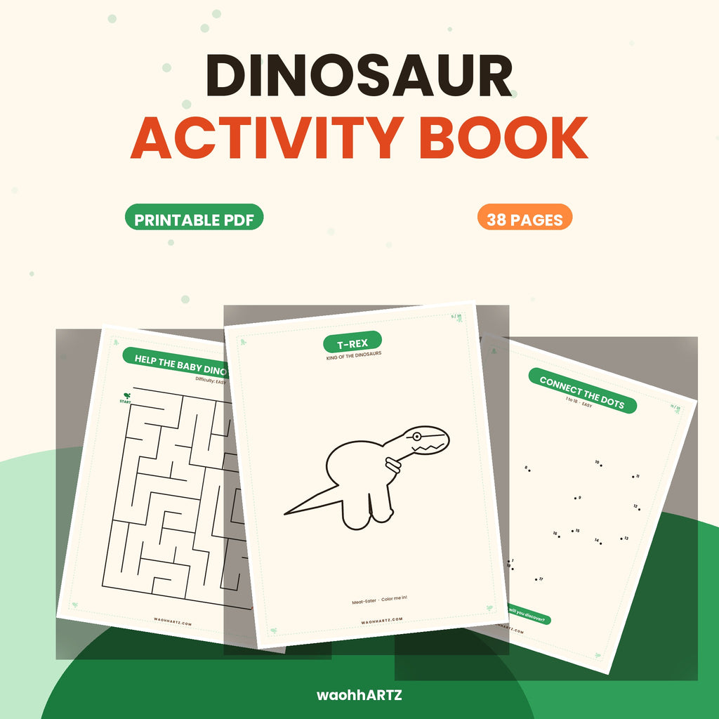Printable Dinosaur Activity Book | 38 Pages for Kids Ages 4-8 | Instant Download PDF