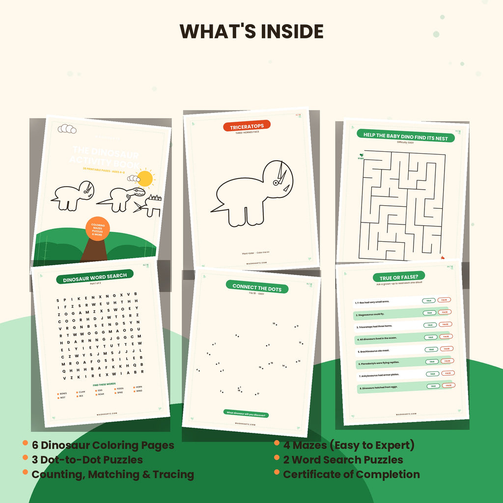 Printable Dinosaur Activity Book | 38 Pages for Kids Ages 4-8 | Instant Download PDF