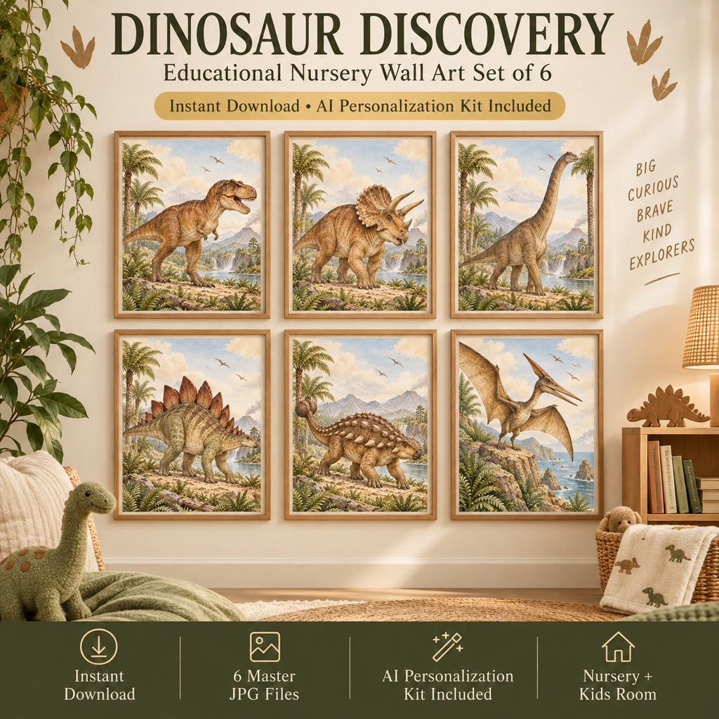 Dinosaur nursery wall art set of 6 with watercolor T rex, Triceratops, Brachiosaurus, Stegosaurus, Ankylosaurus and Pteranodon prints