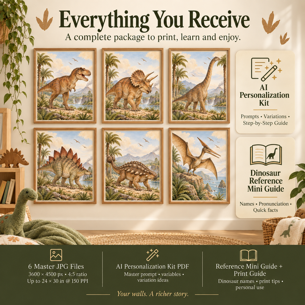 Dinosaur nursery wall art files with six 3600 by 4500 px 4 to 5 master JPGs, AI Personalized Kit and dinosaur reference guide