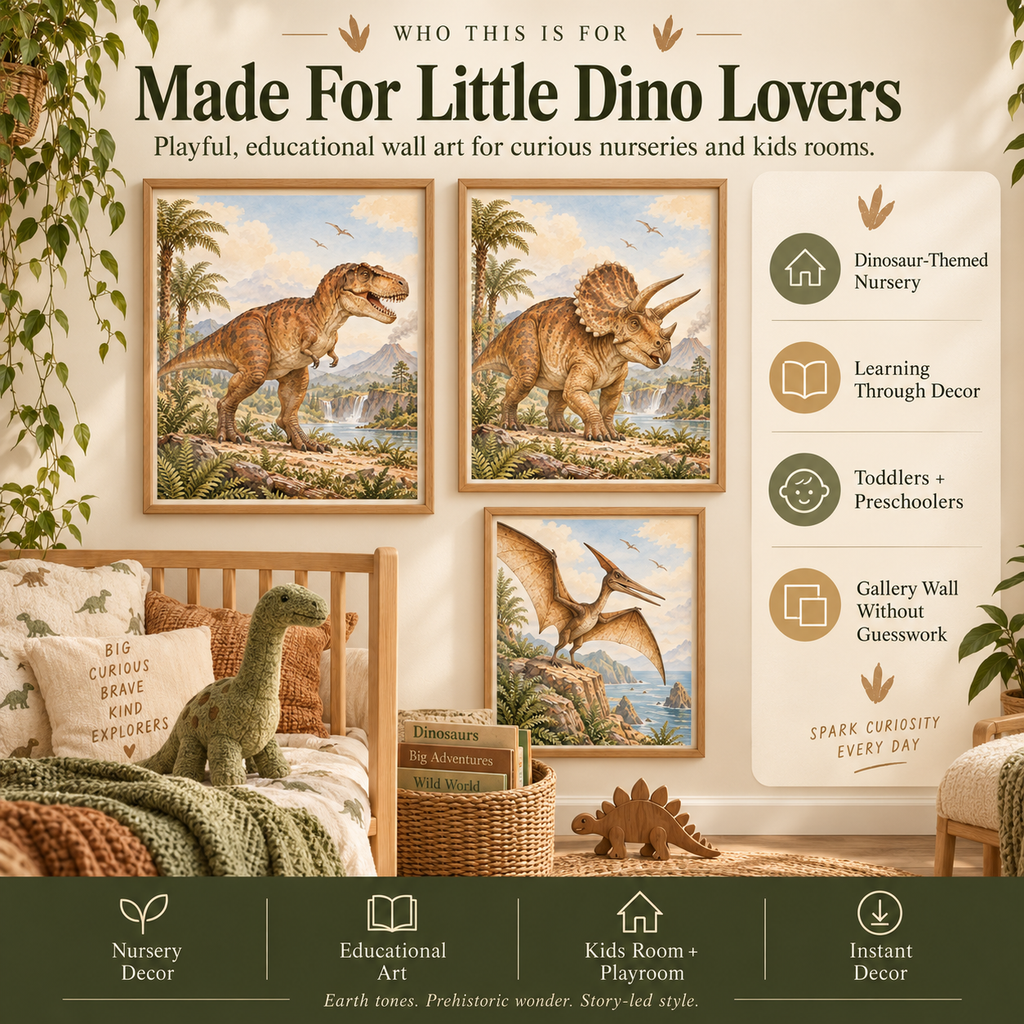 Dinosaur nursery wall art for dinosaur-loving toddlers, preschoolers, kids rooms, playrooms and learning corners